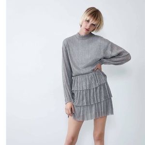 Zara Silver Long Sleeve Ruffle dress NWO Tags